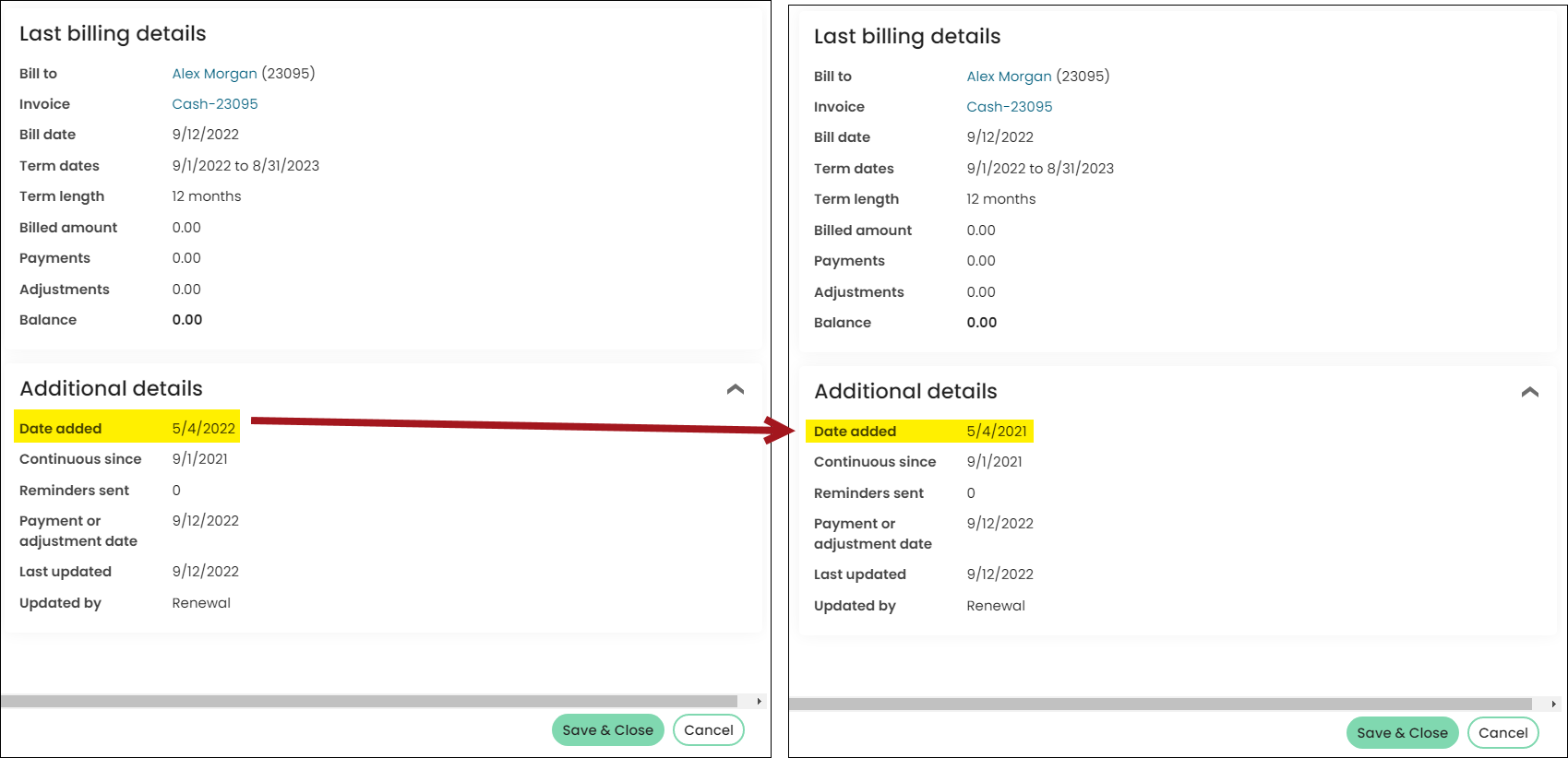Example of the date added property being updated